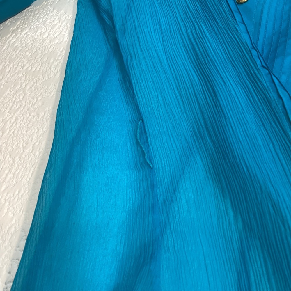 Marciano 100% Silk Sheer Panel Ocean Blue Short Sleeve Blouse, Size XS Y2K 90s - Picture 10 of 11